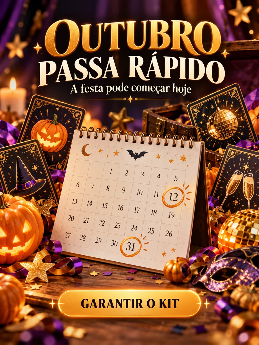 Calendário de outubro cercado por abóboras, cartas de festa e enfeites dourados