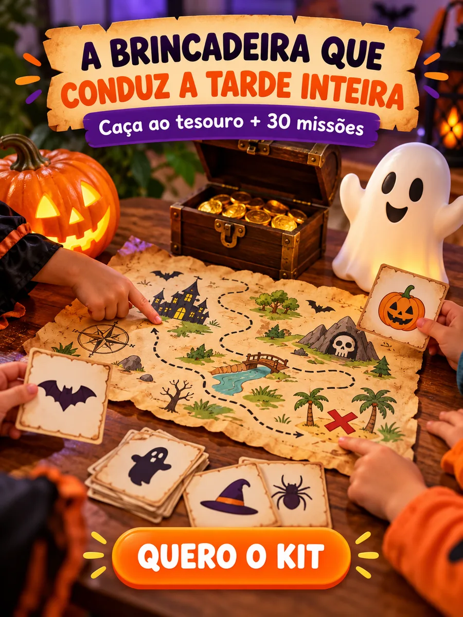 Crianças brincando com mapa do tesouro, cartas ilustradas e baú de moedas