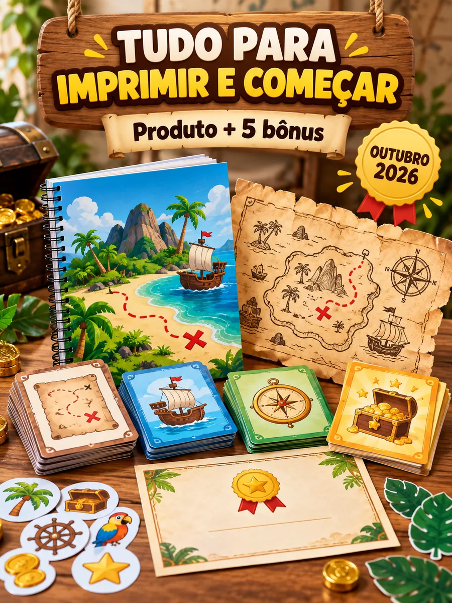 Kit impresso com caderno, mapa do tesouro, cartas, medalha e adesivos